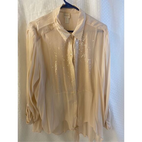 Chicos pink sequin top ties at waist 100 rayon sheer lined XL - Picture 1 of 8